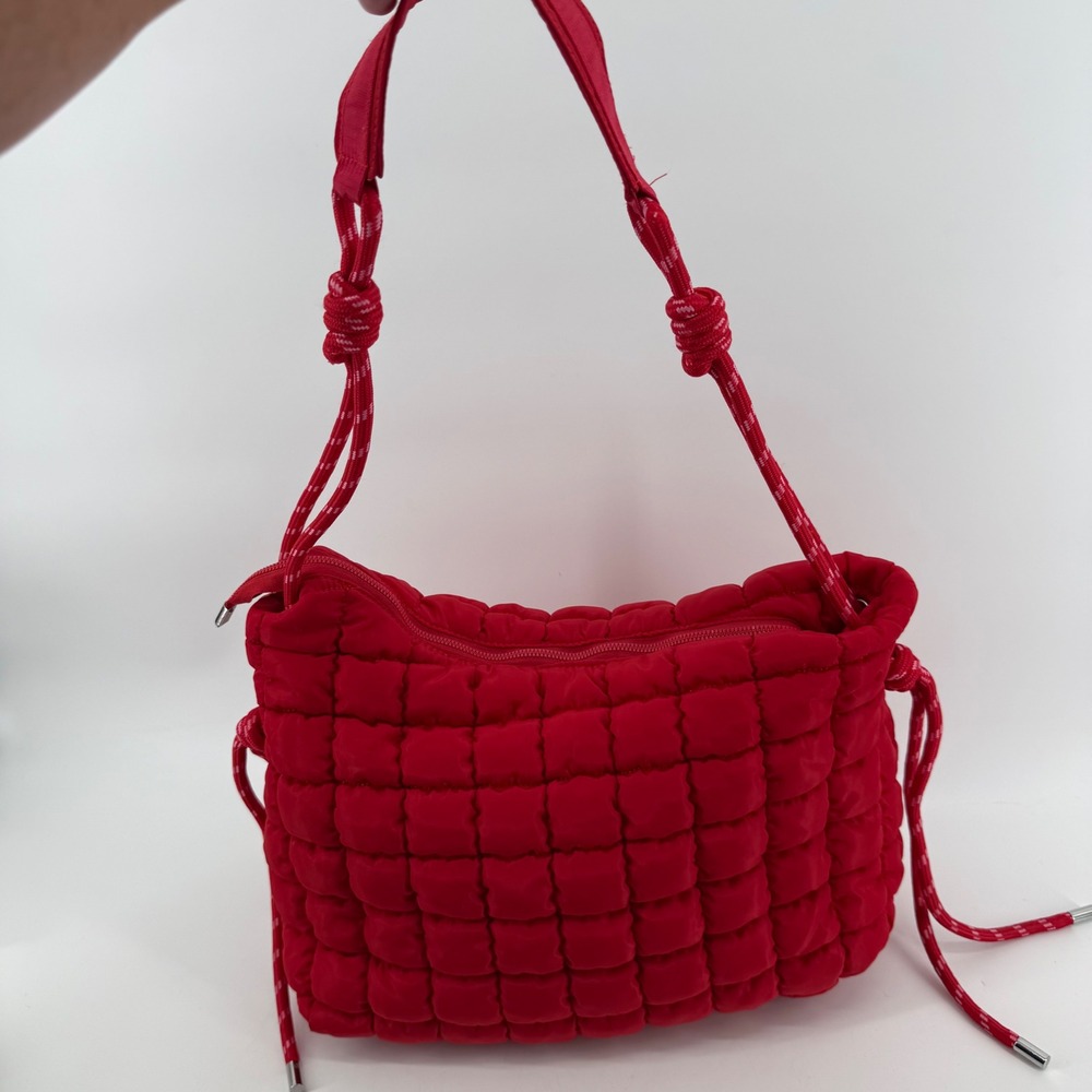 Red Quilted Puffer Shoulder Bag Knotted Rope Strap Grid Texture Streetwear